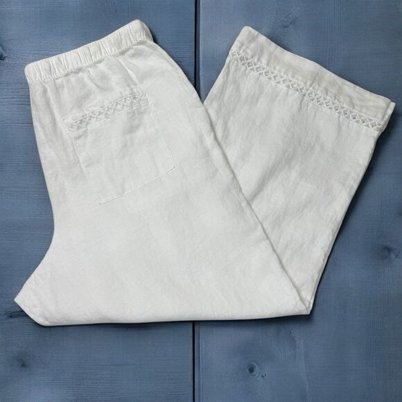Joie Wide Leg 100% Linen Pants Large White Boho Elastic Waist Pull On Cropped - Picture 5 of 8